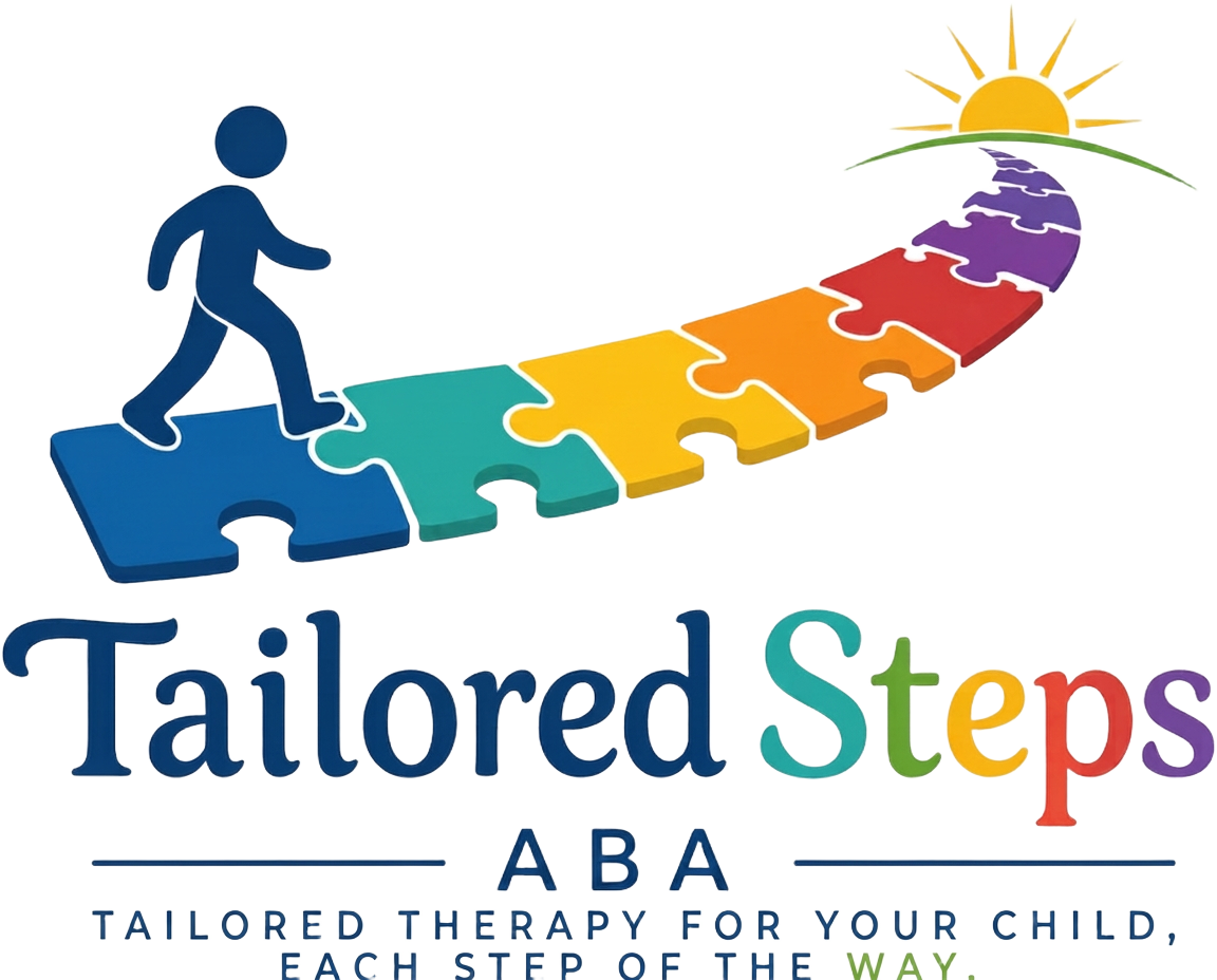 Tailored Steps ABA logo showing a child walking a rainbow puzzle-piece path toward a bright sun